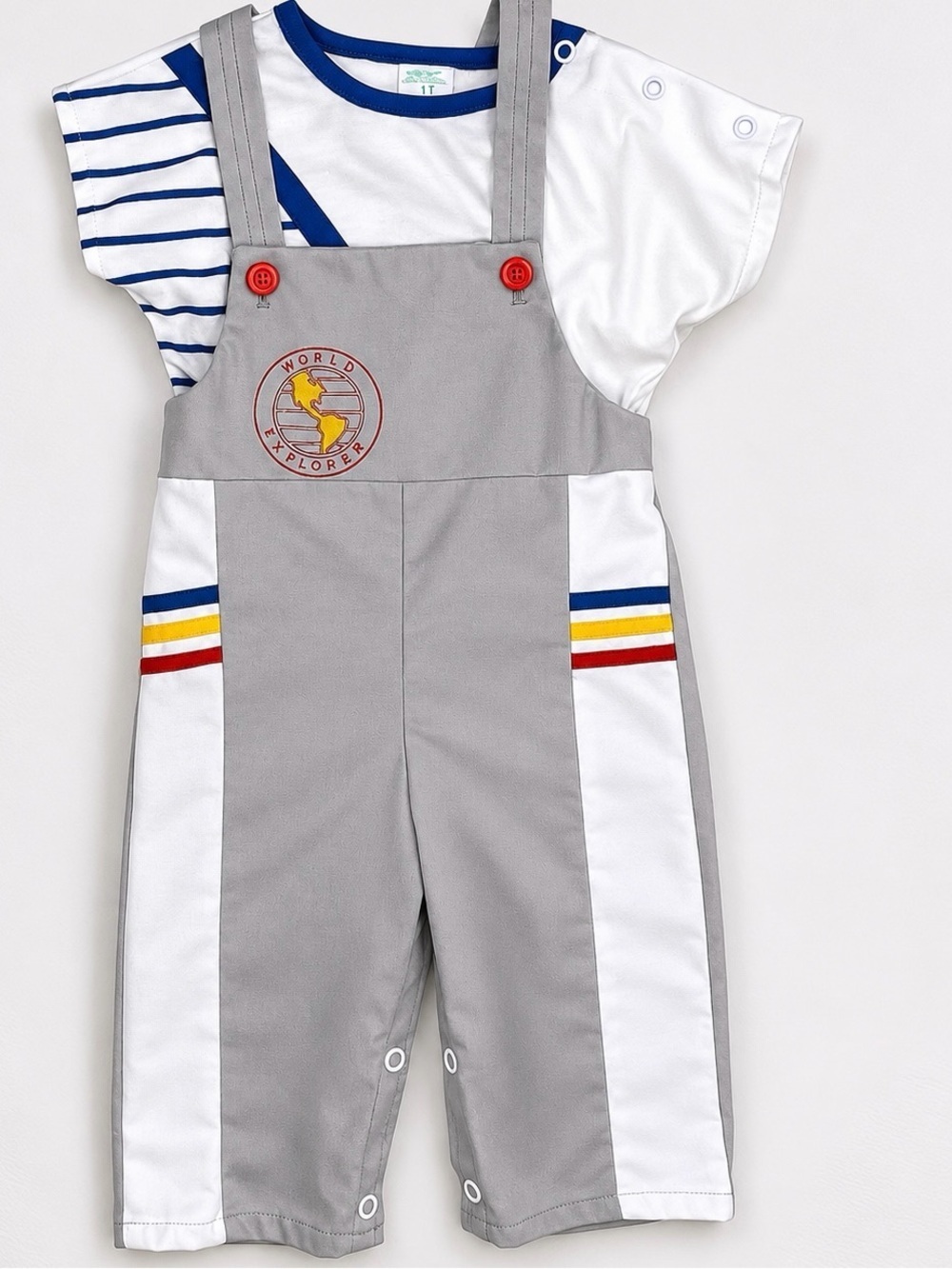Vintage 70s Toddler Baby Boys Overall Set Striped Retro Mod Outfit 1T NWOT